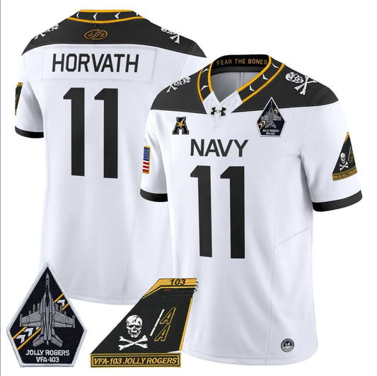 Blake Horvath Jersey #11 Navy Midshipmen 2024 Jolly Rogers Patch White by My Store