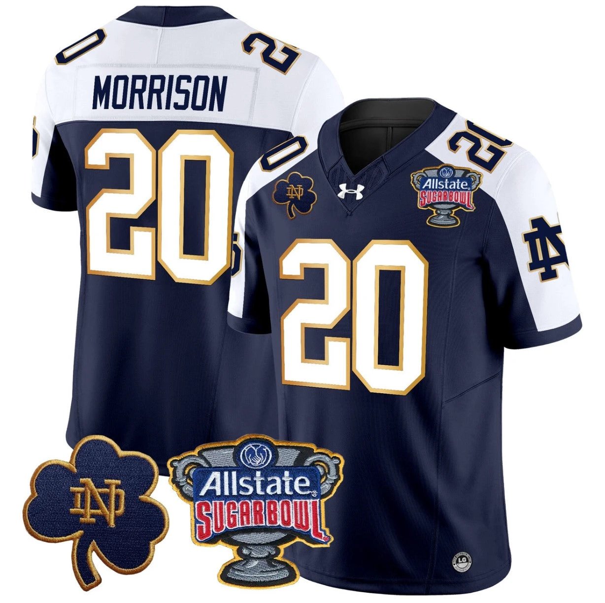 Benjamin Morrison Jersey #20 Notre Dame 2024 Sugar Bowl Patch V2 Navy Alternate by NCAA Football Jersey