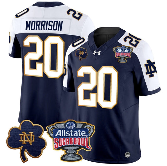 Benjamin Morrison Jersey #20 Notre Dame 2024 Sugar Bowl Patch V2 Navy Alternate by NCAA Football Jersey