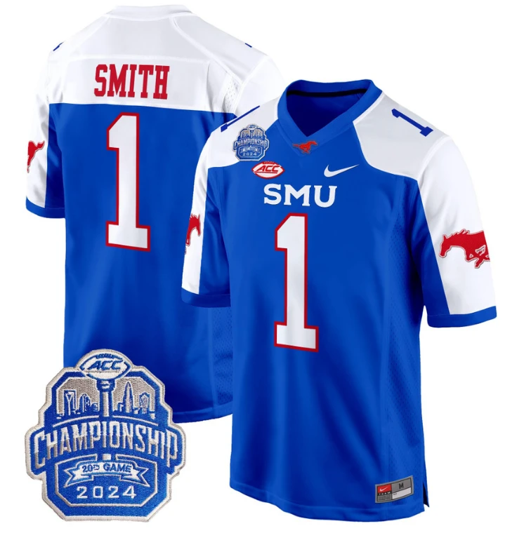 Brashard Smith Jersey #1 SMU Mustangs 2024 ACC Championship Patch Blue Alternate by My Store