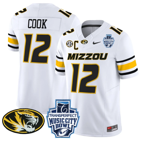 Brady Cook Jersey #12 Missouri Tigers 2024 Music City Bowl White by NCAA Football Jersey