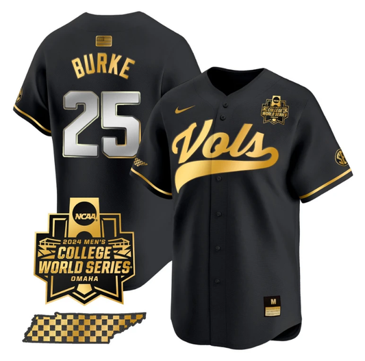 Blake Burke Jersey #25 Tennessee Volunteers 2024 College World Series Vapor Premier Limited NCAA Baseball Stitched Black Gold by My Store