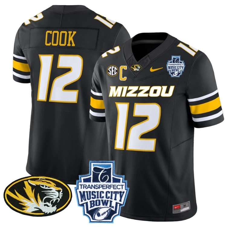 Brady Cook Jersey #12 Missouri Tigers 2024 Music City Bowl Black by NCAA Football Jersey