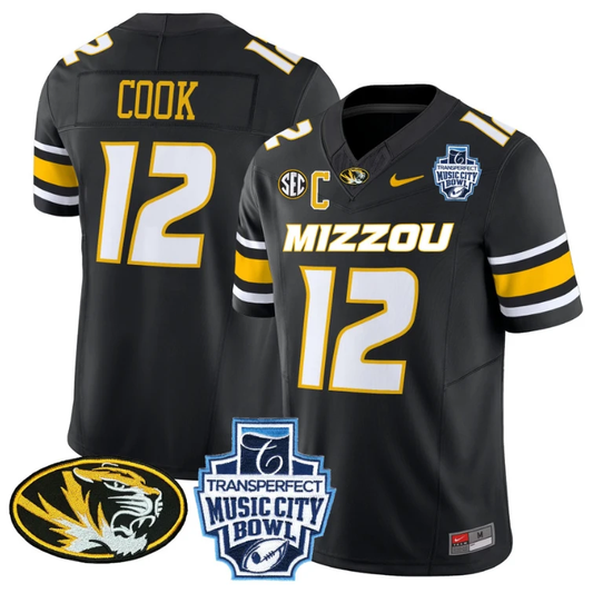 Brady Cook Jersey #12 Missouri Tigers 2024 Music City Bowl Black by NCAA Football Jersey