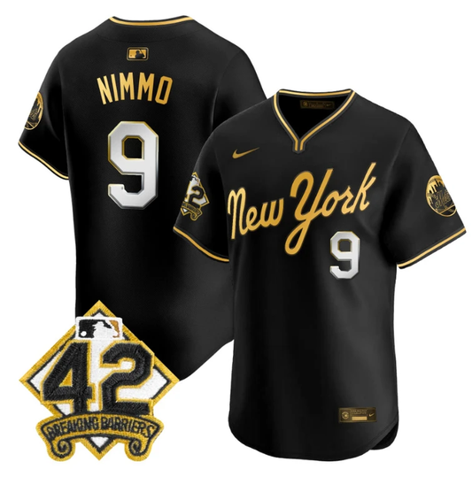 Brandon Nimmo Jersey #9 New York Mets 2025 Jackie Robinson Patch Road Alternate Stitched Black Gold by My Store