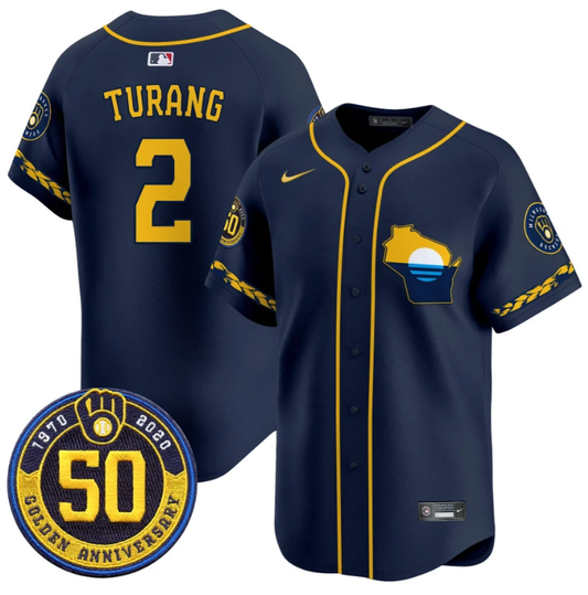 Brice Turang Jersey #2 Milwaukee Brewers Golden 50th Anniversary Patch Stitched Navy by My Store