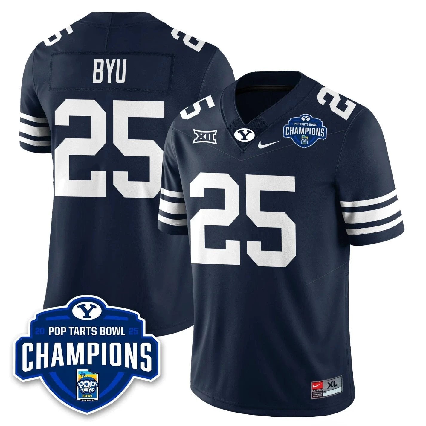 BYU Jersey #25 BYU Cougars 2025 Pop-Tarts Bowl Champions Patch Stitched Navy by NCAA Football Jersey