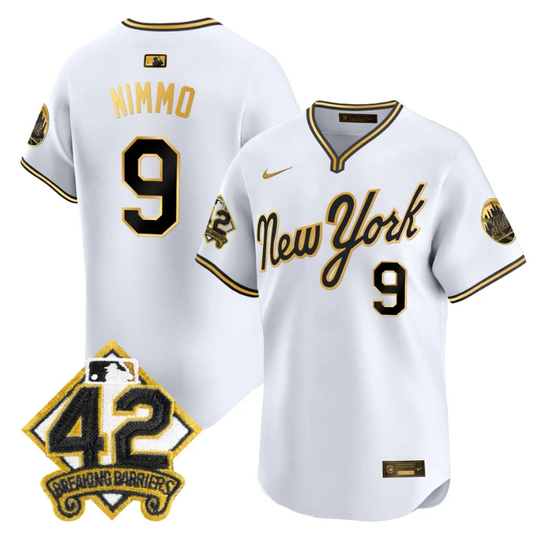 Brandon Nimmo Jersey #9 New York Mets 2025 Jackie Robinson Patch Road Alternate Stitched White Gold by My Store
