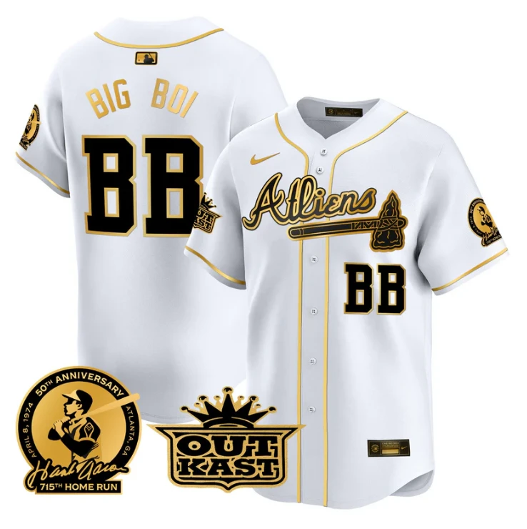 Big Boi Jersey #BB Atlanta Braves Atliens Hank Aaron Patch Limited Stitched White Gold by My Store