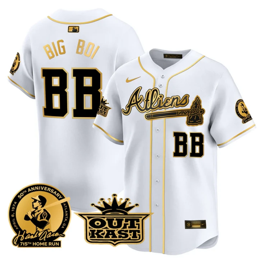 Big Boi Jersey #BB Atlanta Braves Atliens Hank Aaron Patch Limited Stitched White Gold by My Store