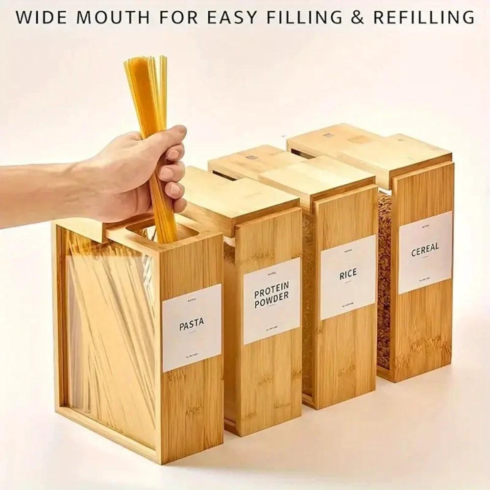 Sliding Bamboo Wood Pasta Grain Storage Container by Casa & Beyond
