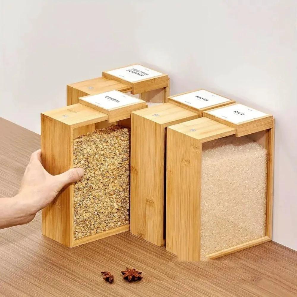 Sliding Bamboo Wood Pasta Grain Storage Container by Casa & Beyond