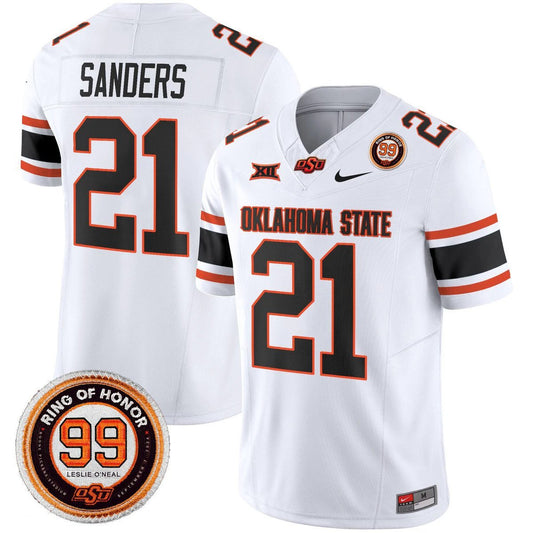 Barry Sanders Jersey #21 Oklahoma State Cowboys 2025 Leslie O'neal Patch White by NCAA Football Jersey