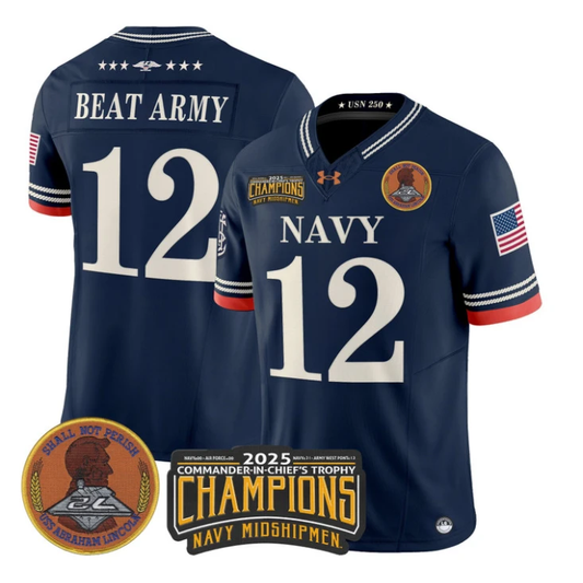 Beat Army Jersey #12 Navy Midshipmen 2025 Trophy Champions Patch Stitched Navy by My Store NCAA Football Jerseys