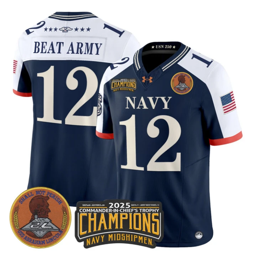 Beat Army Jersey #12 Navy Midshipmen 2025 Trophy Champions Patch Stitched Navy Alternate by My Store NCAA Football Jerseys