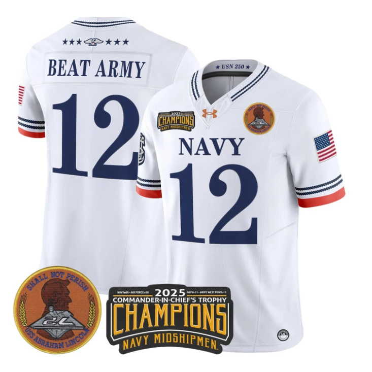 Beat Army Jersey #12 Navy Midshipmen 2025 Trophy Champions Patch Stitched White by My Store NCAA Football Jerseys