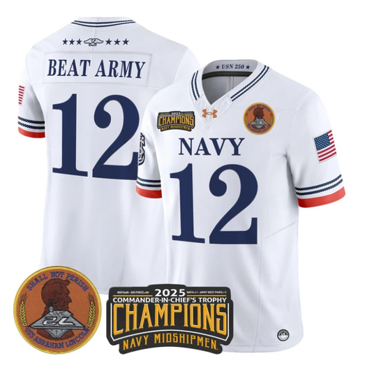 Beat Army Jersey #12 Navy Midshipmen 2025 Trophy Champions Patch Stitched White by My Store NCAA Football Jerseys