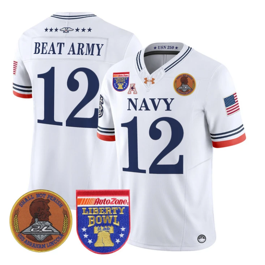 Beat Army Jersey #12 Navy Midshipmen 250th 2026 Liberty Bowl Stitched White by My Store NCAA Football Jerseys