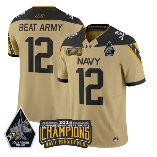 Beat Army Jersey #12 Navy Midshipmen Jolly Rogers 2025 Trophy Stitched Gold by My Store NCAA Football Jerseys