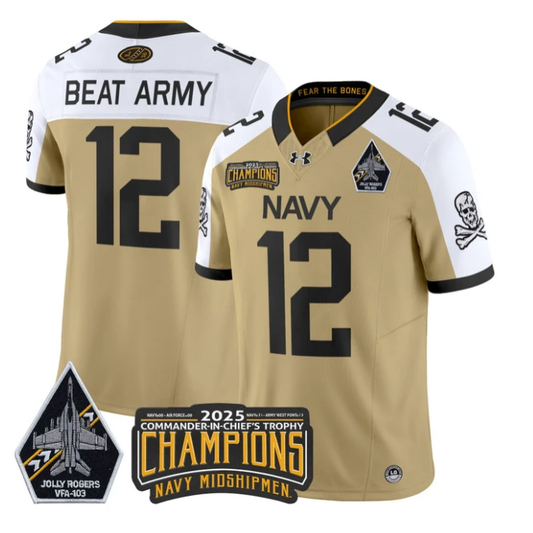 Beat Army Jersey #12 Navy Midshipmen Jolly Rogers 2025 Trophy Stitched Gold Alternate by My Store NCAA Football Jerseys