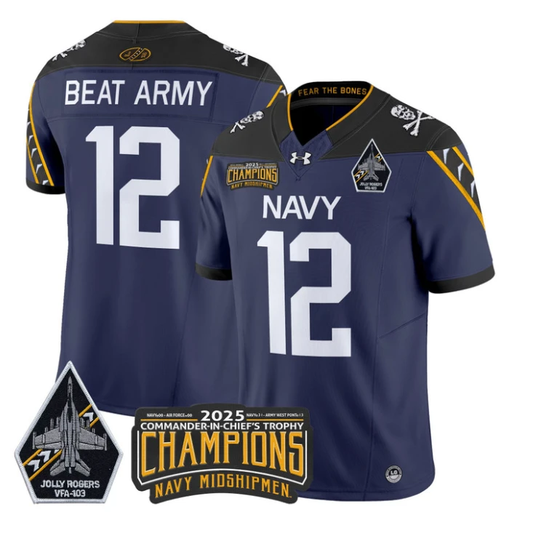 Beat Army Jersey #12 Navy Midshipmen Jolly Rogers 2025 Trophy Stitched Navy by My Store NCAA Football Jerseys
