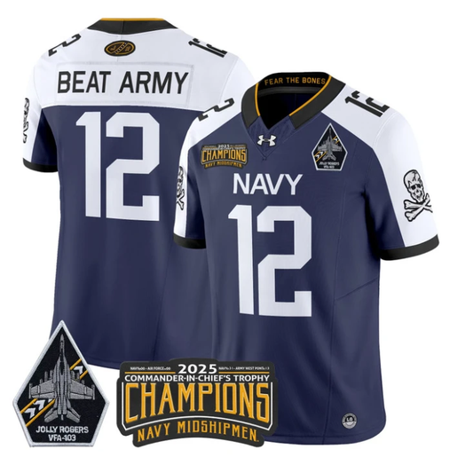 Beat Army Jersey #12 Navy Midshipmen Jolly Rogers 2025 Trophy Stitched Navy Alternate by My Store NCAA Football Jerseys