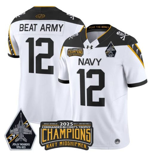 Beat Army Jersey #12 Navy Midshipmen Jolly Rogers 2025 Trophy Stitched White by My Store NCAA Football Jerseys