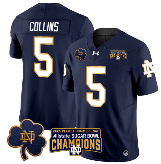 Beaux Collins Jersey #5 Notre Dame 2025 Sugar Bowl Champions Patch Navy by NCAA Football Jersey