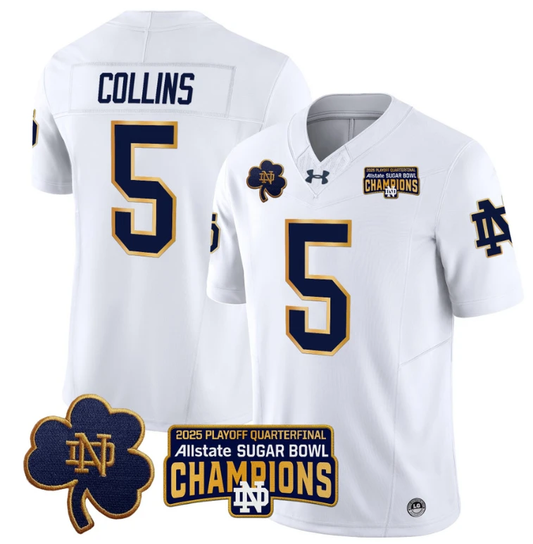 Beaux Collins Jersey #5 Notre Dame 2025 Sugar Bowl Champions Patch White by NCAA Football Jersey