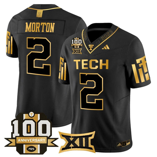 Behren Morton Jersey #2 Texas Tech 2025 100th Anniversary Stitched Black Gold by My Store NCAA Football Jerseys