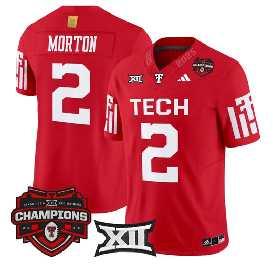 Behren Morton Jersey #2 Texas Tech 2025 Big 12 Champions Stitched Red by NCAA Football Jersey