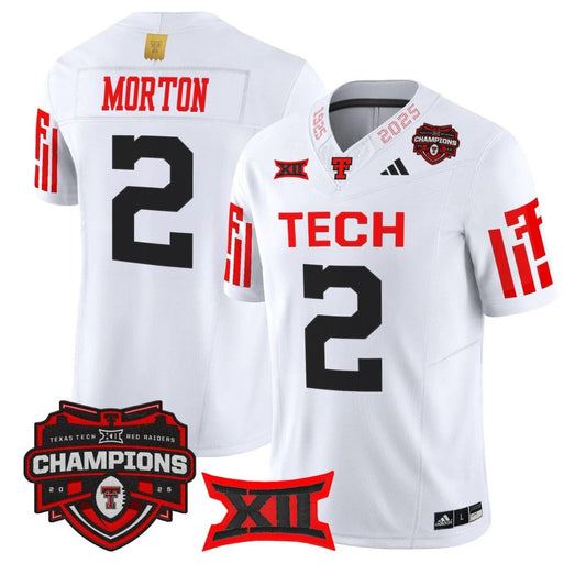 Behren Morton Jersey #2 Texas Tech 2025 Big 12 Champions Stitched White by NCAA Football Jersey