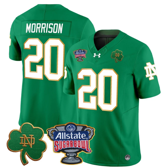 Benjamin Morrison Jersey #20 Notre Dame 2024 Sugar Bowl Patch Football Green by NCAA Football Jersey