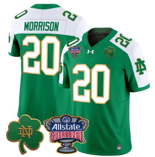 Benjamin Morrison Jersey #20 Notre Dame 2024 Sugar Bowl Patch Green Alternate by NCAA Football Jersey