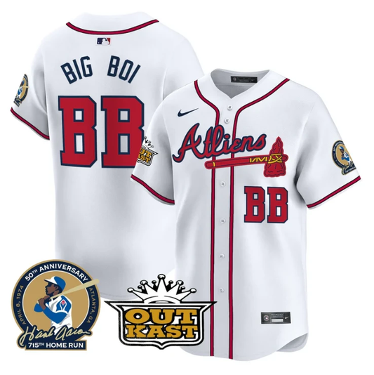 Big Boi Jersey #BB Atlanta Braves Atliens Hank Aaron Patch Limited Stitched White by My Store