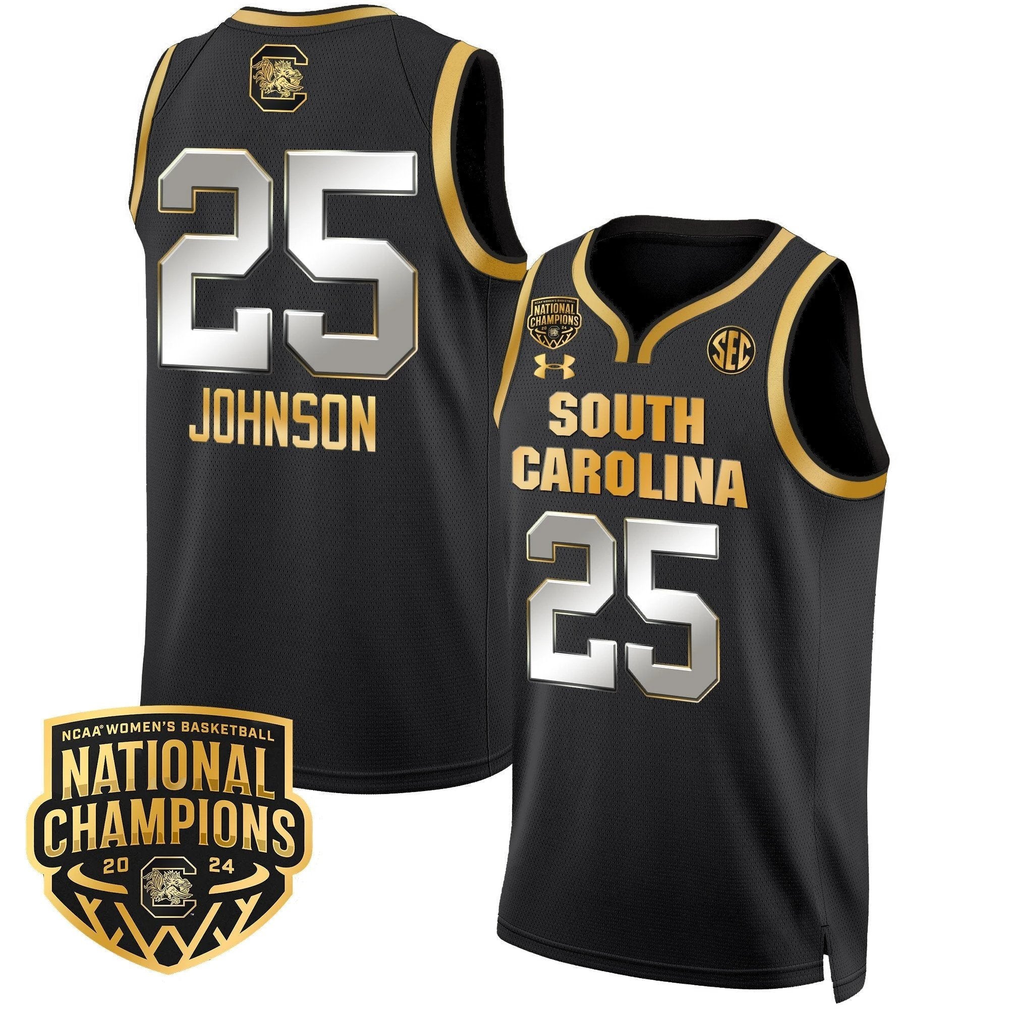 Raven Johnson Jersey #25 South Carolina Gamecocks Basketball 2024 National Champions All Stitched Black Gold by My store basketball