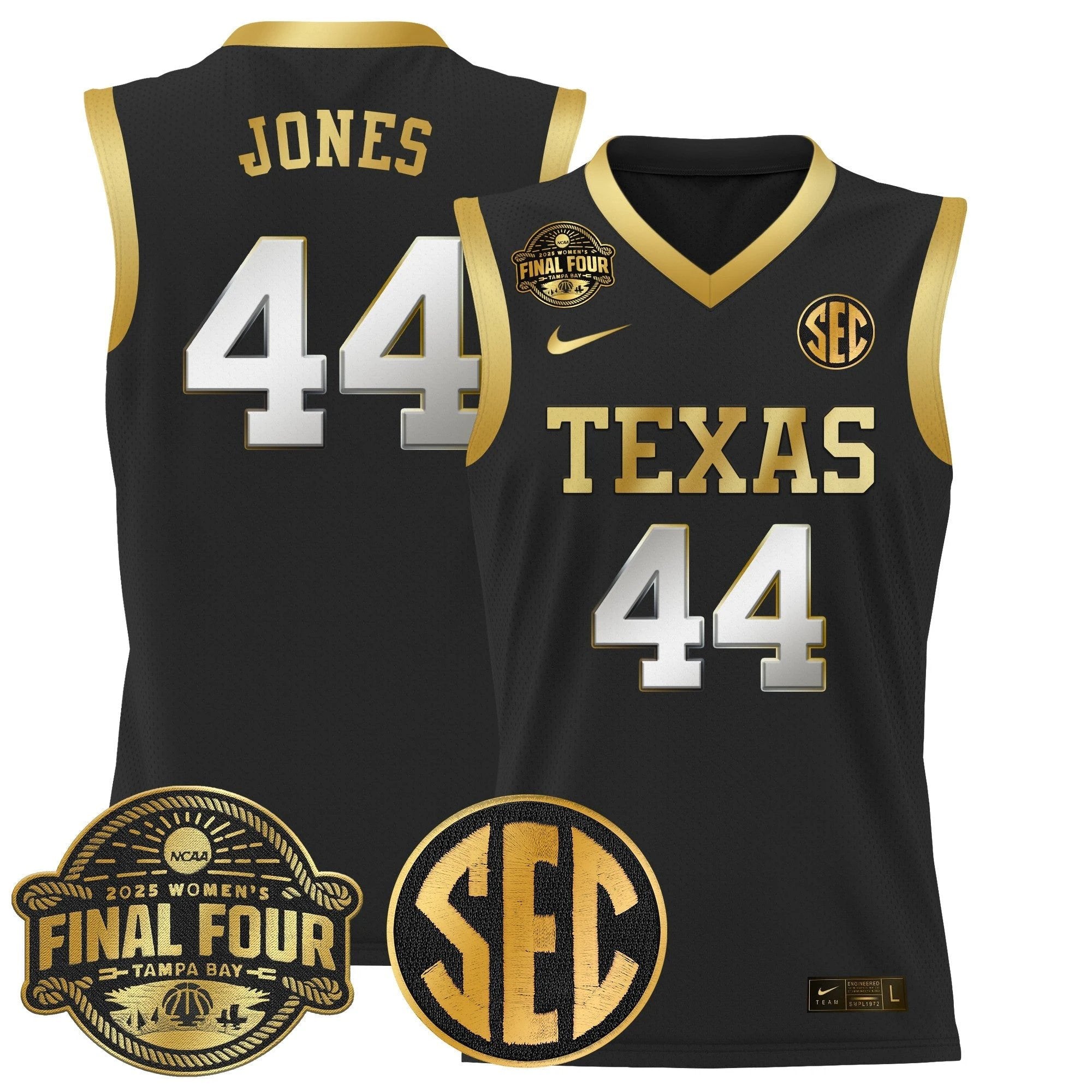 Taylor Jones Jersey #44 Texas Longhorns 2025 Sec Final Four Patch Black Gold by My store basketball