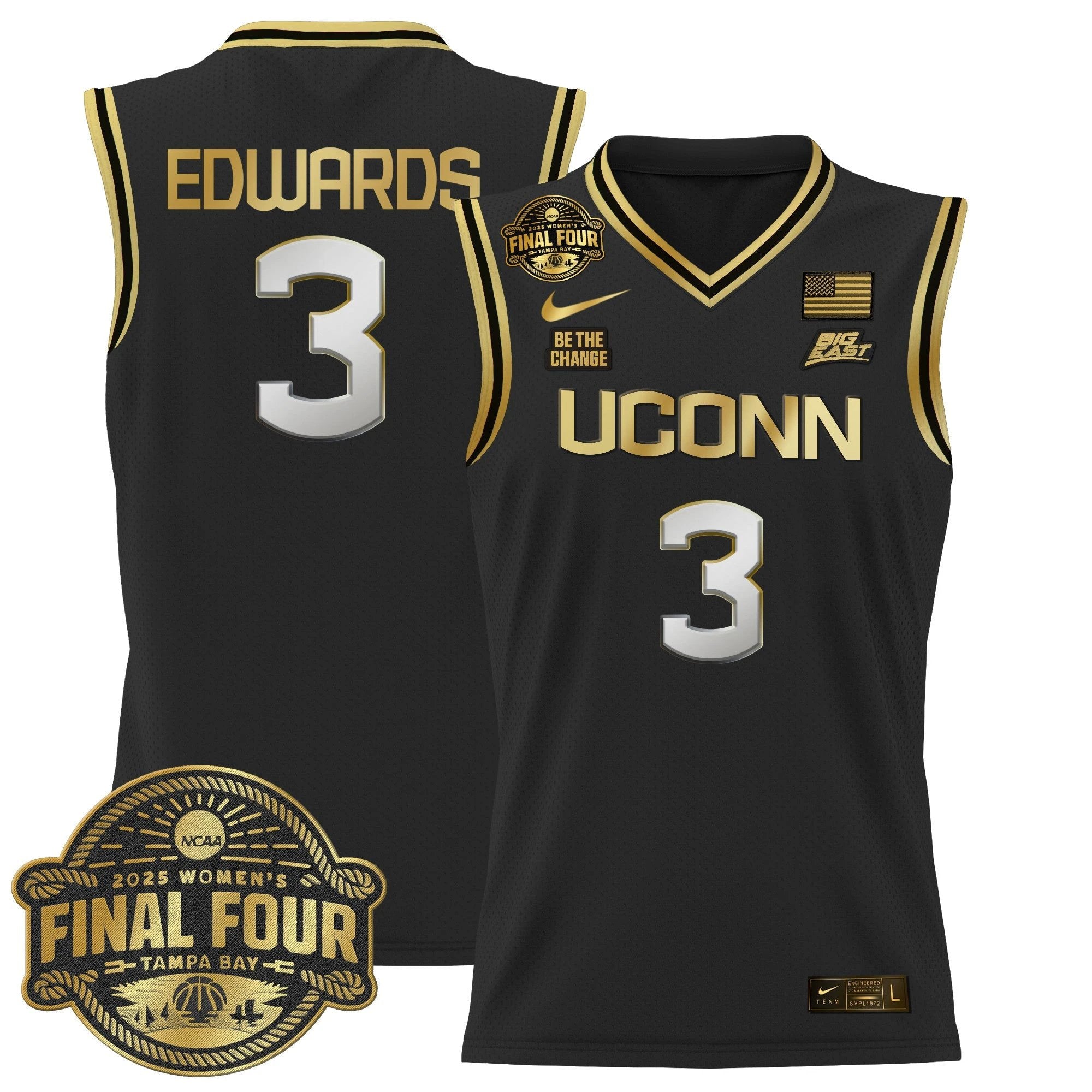 Aaliyah Edwards Jersey #3 UConn Huskies 2025 Big Eat Final Four Patch Black Gold by My store basketball