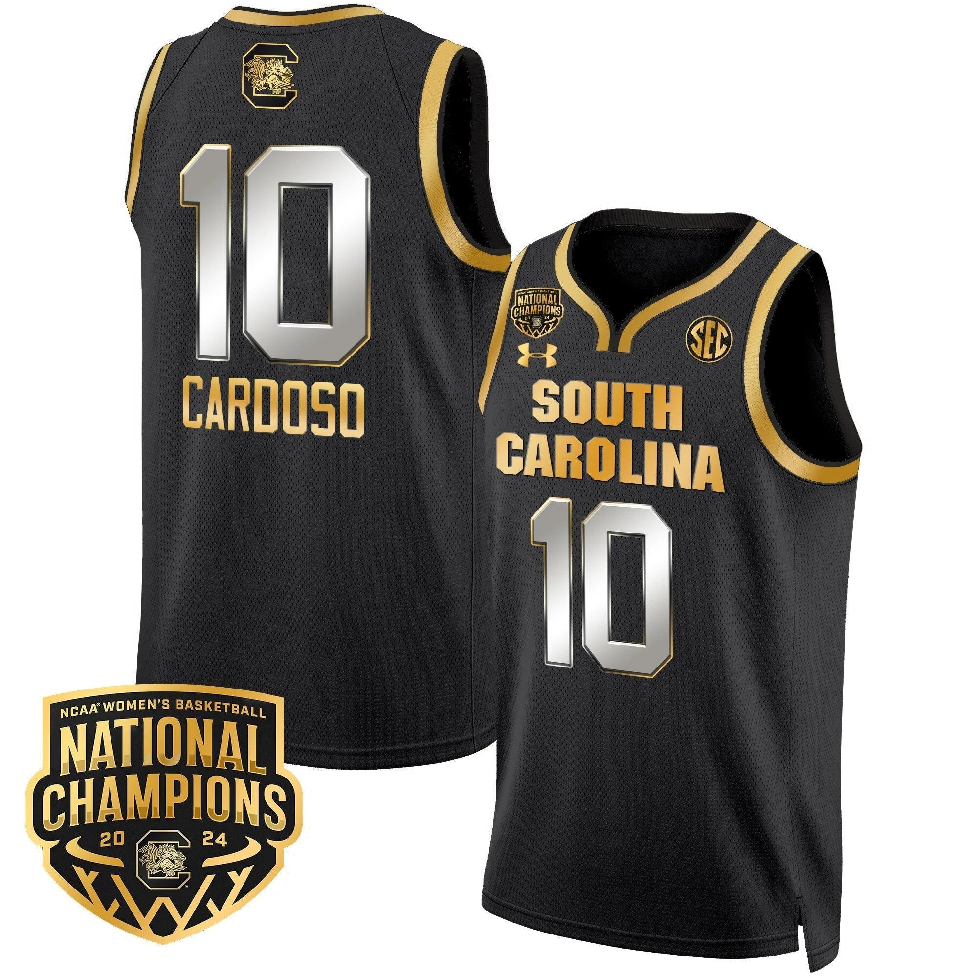 Kamilla Cardoso Jersey #10 South Carolina Gamecocks Basketball 2024 National Champions All Stitched Black Gold by My store basketball