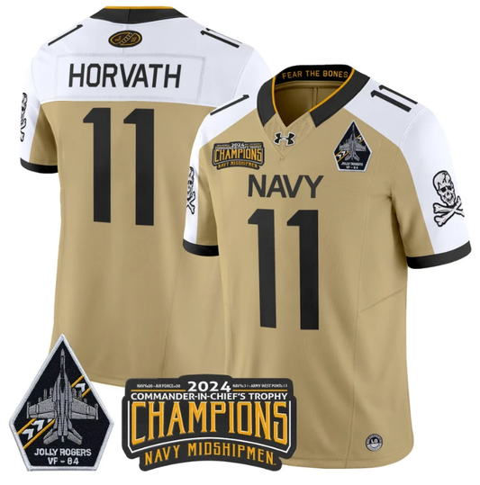 Blake Horvath Jersey #11 Navy Midshipmen 2024 Jolly Rogers Champions Gold Alternate by NCAA Football Jersey