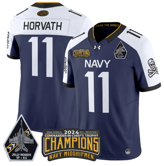 Blake Horvath Jersey #11 Navy Midshipmen 2024 Jolly Rogers Champions Navy Alternate by NCAA Football Jersey