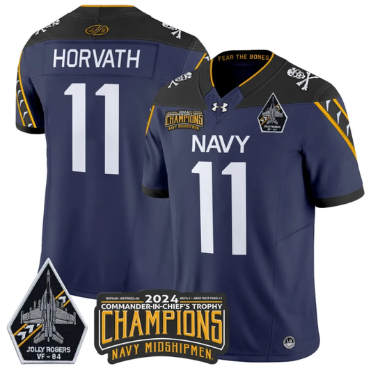 Blake Horvath Jersey #11 Navy Midshipmen 2024 Jolly Rogers Champions Navy by NCAA Football Jersey