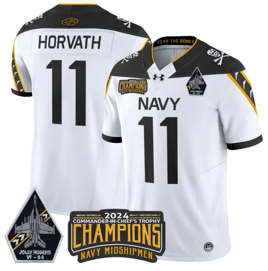 Blake Horvath Jersey #11 Navy Midshipmen 2024 Jolly Rogers Champions White by NCAA Football Jersey
