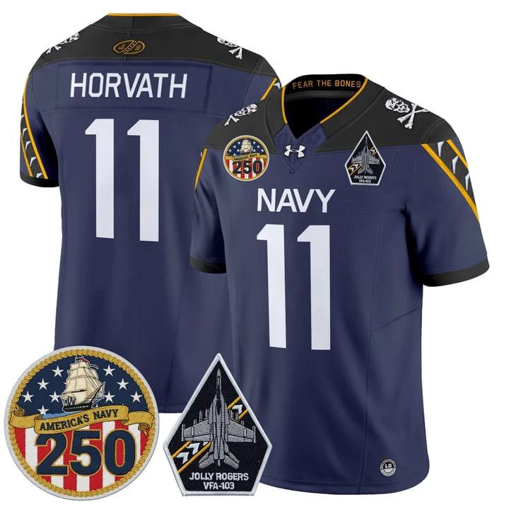 Blake Horvath Jersey #11 Navy Midshipmen Jolly Rogers 250th Patch Stitched by My Store NCAA Football Jerseys