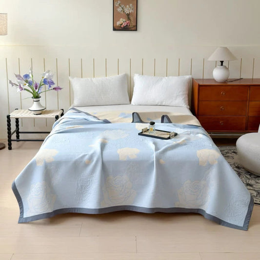 Blue Rose Bloom Cotton Blanket by Casa & Beyond