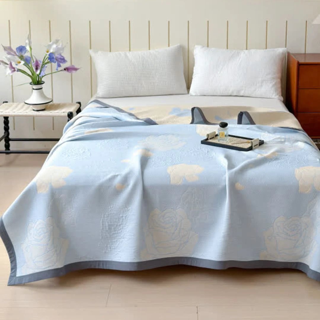 Blue Rose Bloom Cotton Blanket by Casa & Beyond