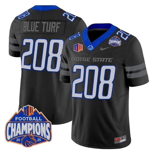 Blue Turf Jersey #208 Boise State Broncos 2025 Mountain West Champions Black by NCAA Football Jersey