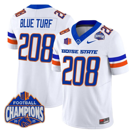 Blue Turf Jersey #208 Boise State Broncos 2025 Mountain West Champions White by NCAA Football Jersey