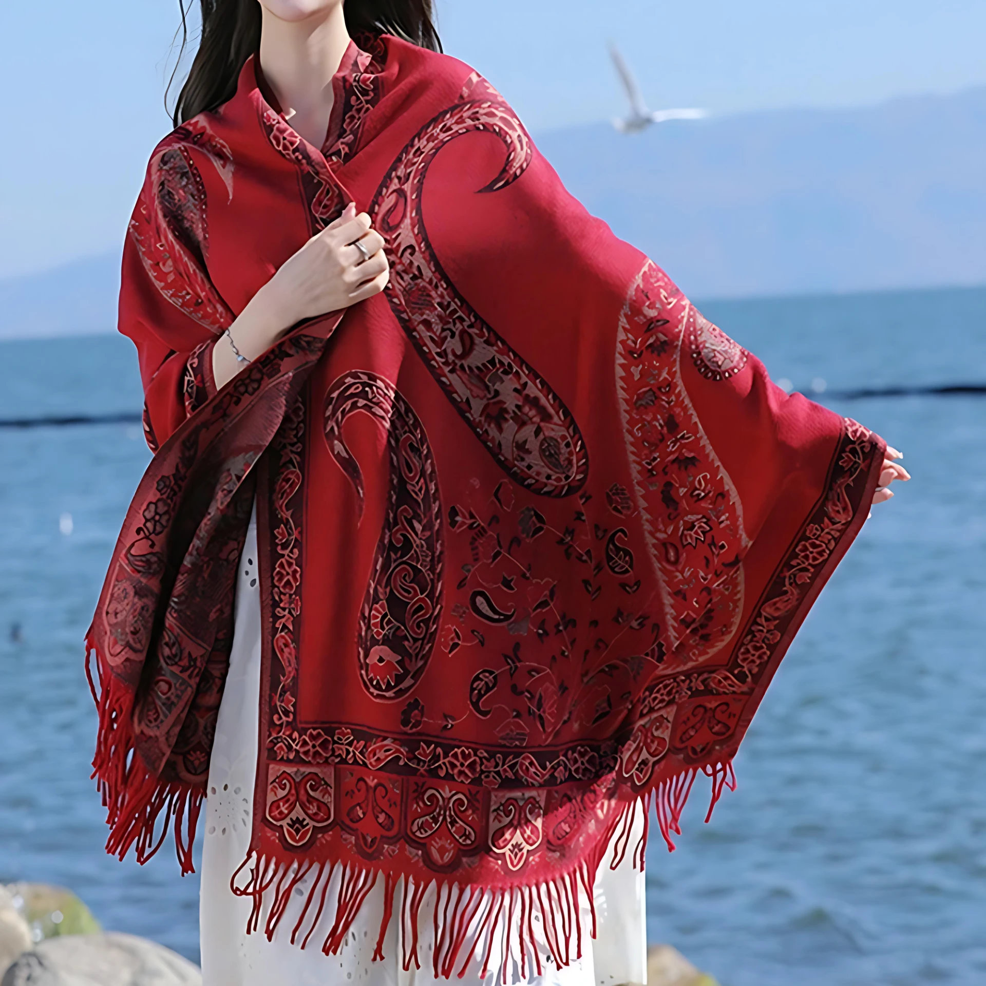Bohemian Paisley Tassel Winter Shawl Wrap by Casa & Beyond