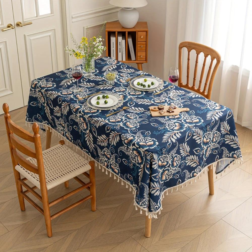 Peacock Blossom Boho Floral Tablecloth with Tassel by Casa & Beyond